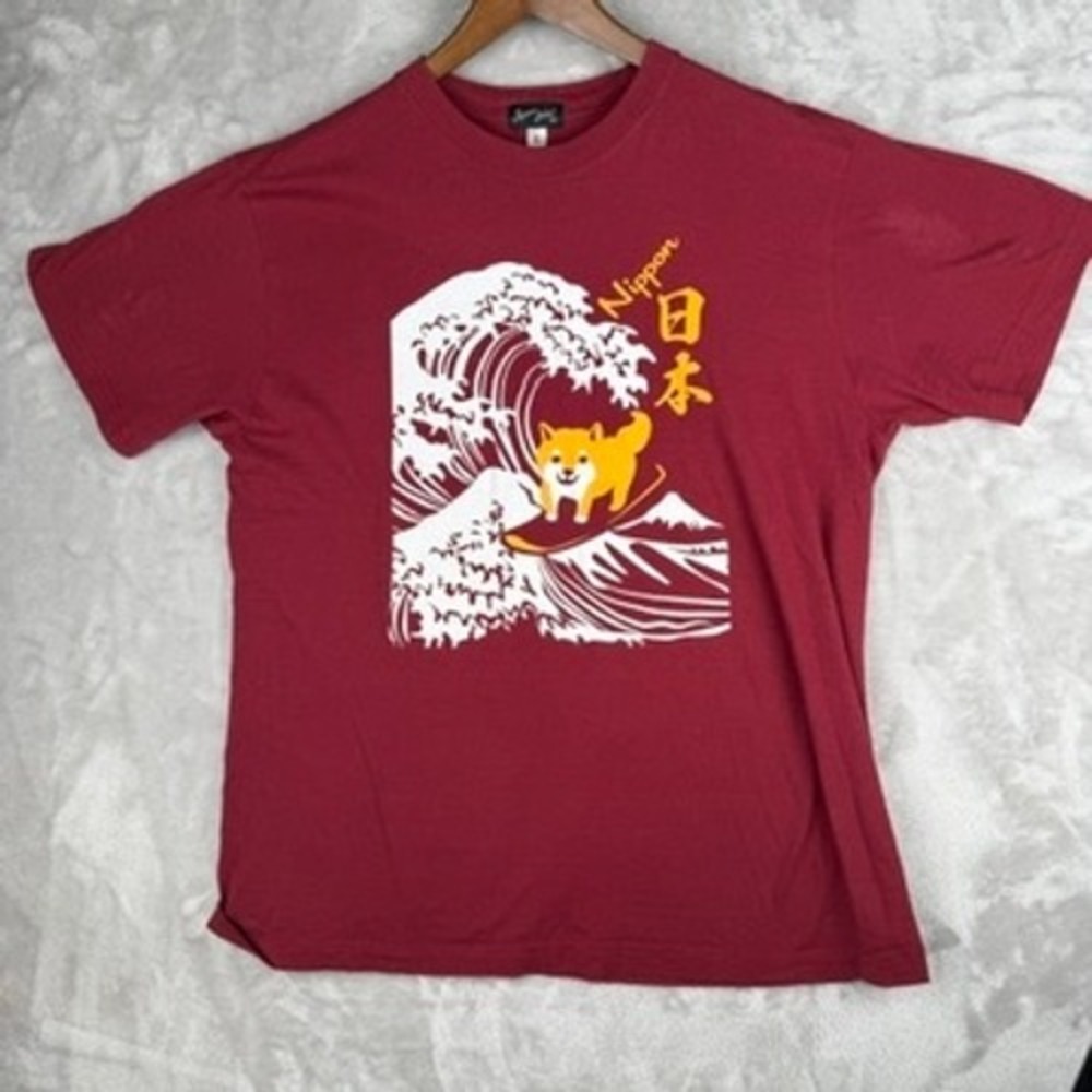 Japan Shine Mens Graphic T Shirt Large Red‎ Shiba corgi Surfing Wave Nippon Tee